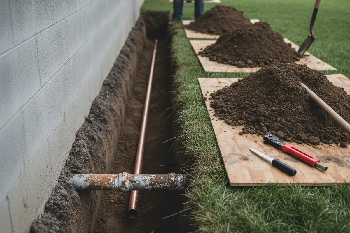 Excavated water line trench during Sewer Line Repair in Dixon
